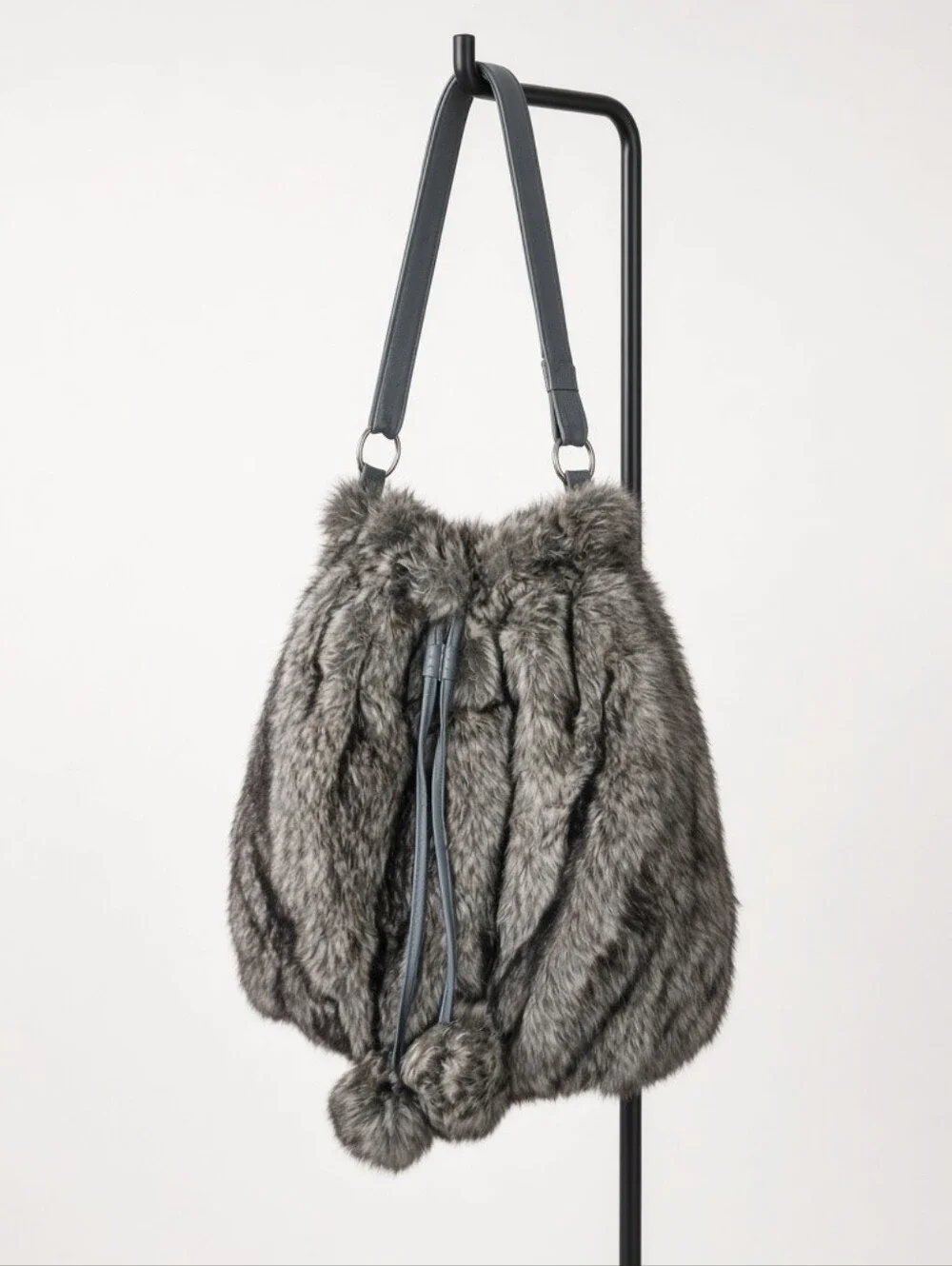 Claire's Vintage-Style Gray Faux Fur Pom Pom Shoulder Bag — New Old Stock